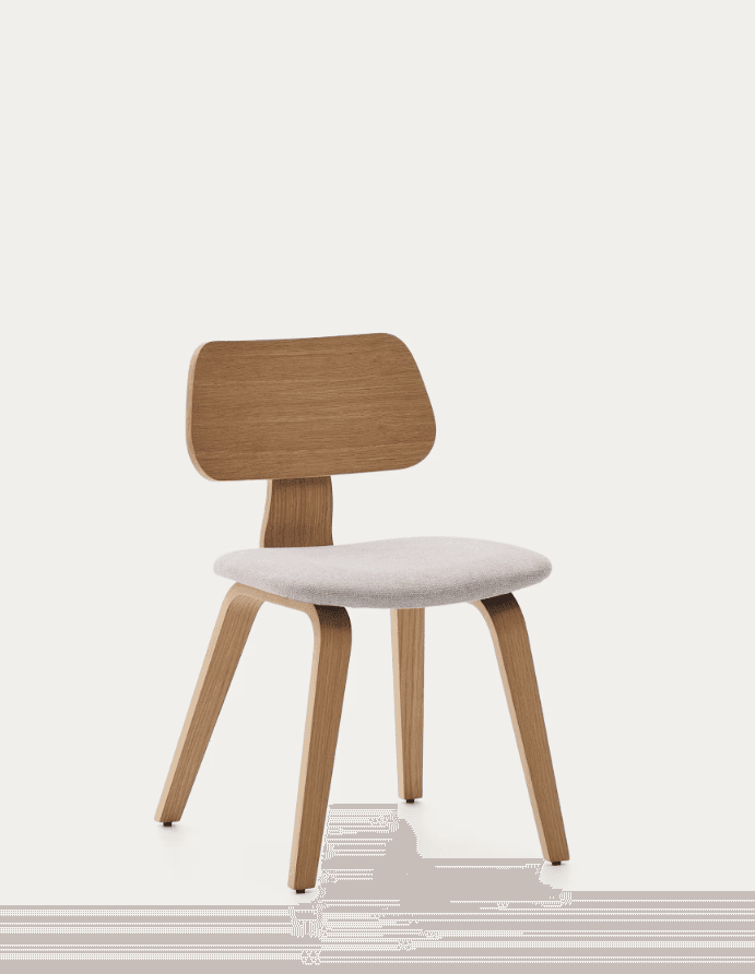 An armless dining chair featuring a light-toned wooden frame, a curved plywood backrest, and an upholstered seat in a light grey fabric. The legs are slightly splayed, contributing to a stable and modern aesthetic. — 3D model