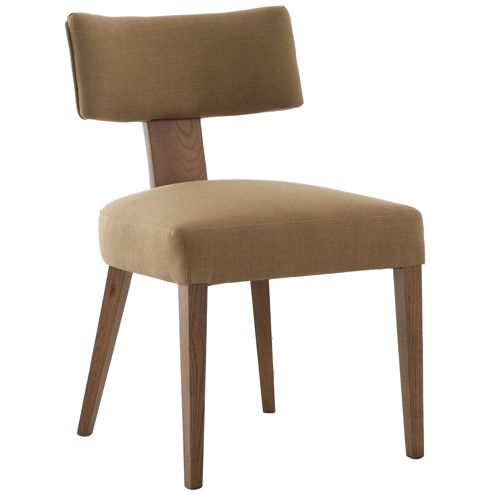 A side chair with a wooden frame and upholstered seat and backrest. The chair features four tapered legs and a minimalist design. The backrest is slightly curved and attached to the seat via a single wooden support. — 3D model