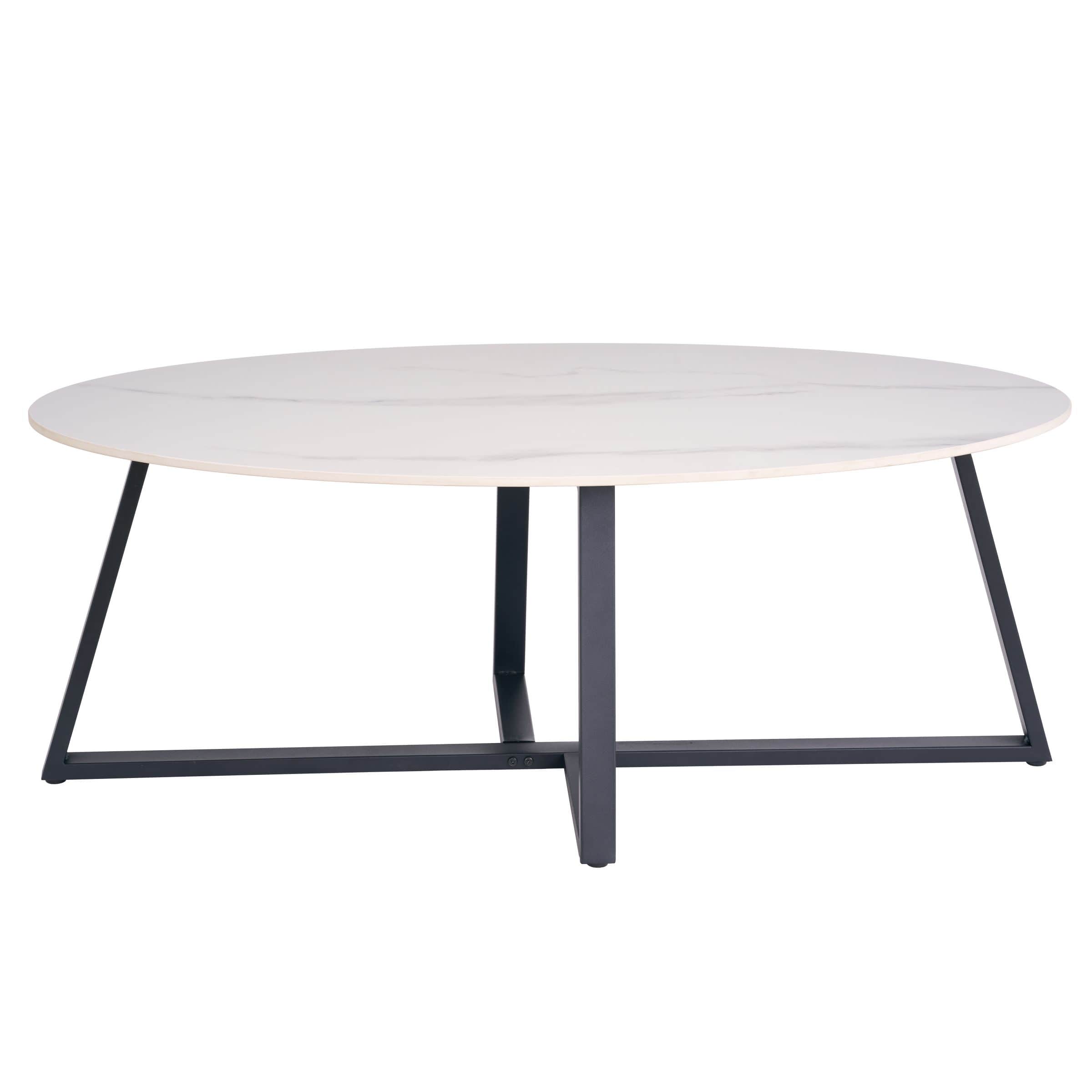 A modern coffee table featuring an oval tabletop with a white and grey faux marble pattern, supporte… — free STL 3D model