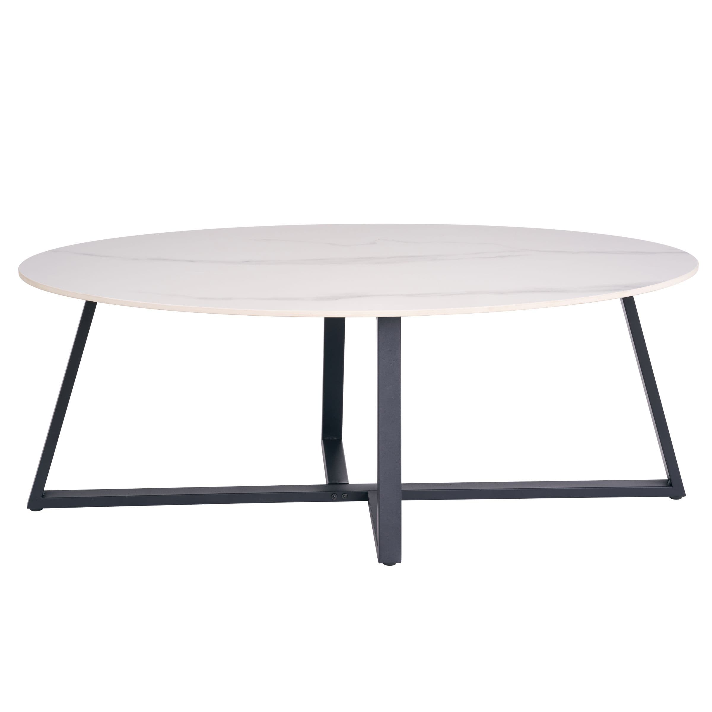A modern coffee table featuring an oval tabletop with a white and grey faux marble pattern, supported by a black powder-coated metal base with an X-shaped structure. — 3D model