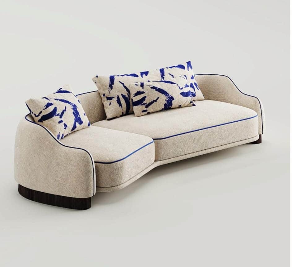 A modern curved sectional sofa featuring a textured cream-colored upholstery with distinct blue pipi… — 3D model