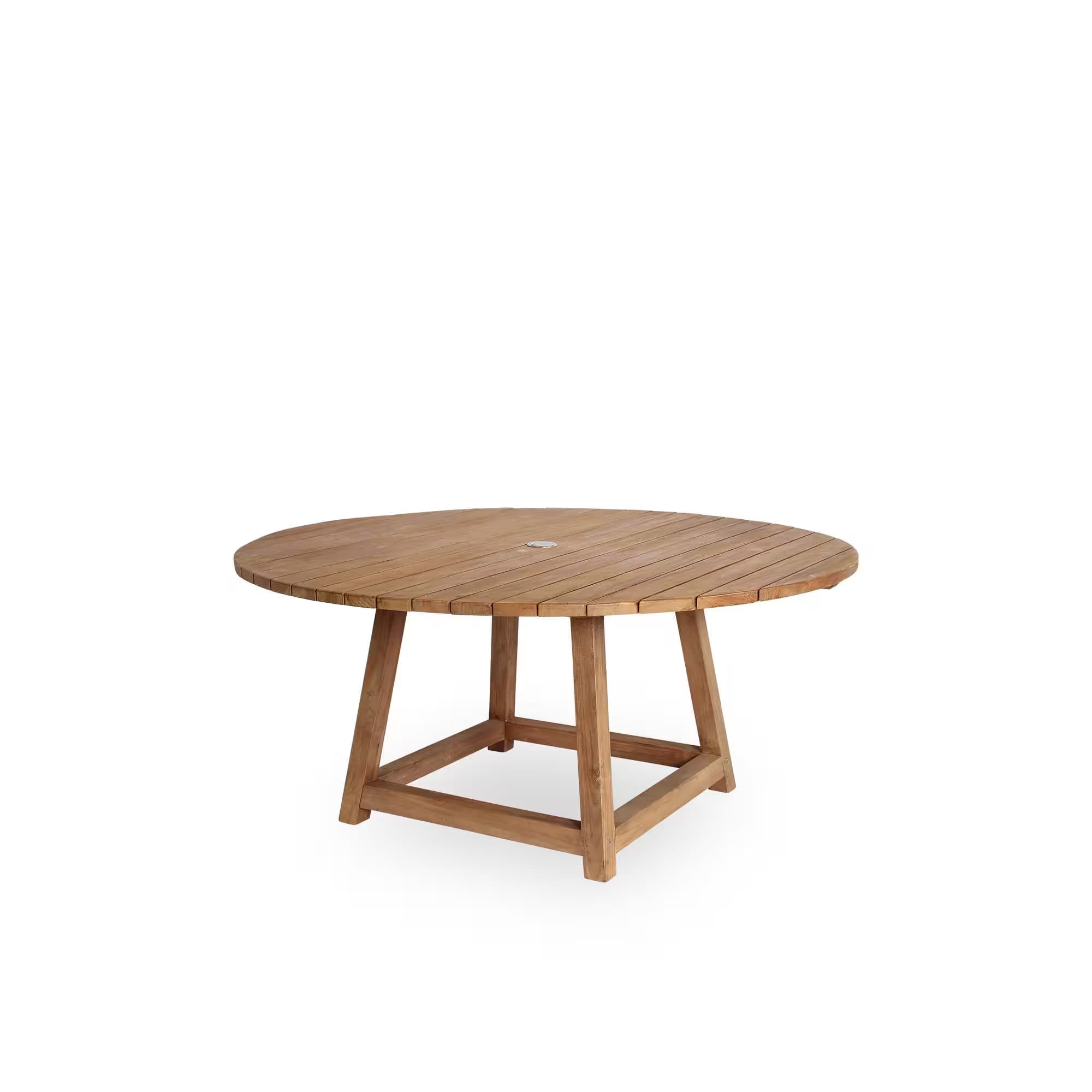 A round outdoor dining table constructed from natural teak wood, featuring a slatted tabletop with a central hole for an umbrella, supported by a sturdy four-legged base. — 3D model