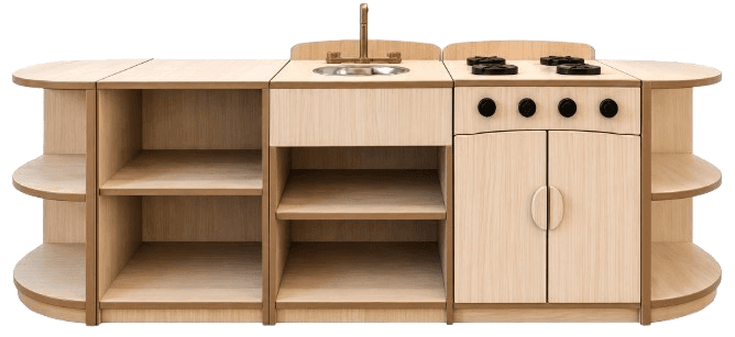 A children's wooden play kitchen set featuring a modular design with a simulated sink, stove, and various storage compartments, presented on a white background. — 3D model