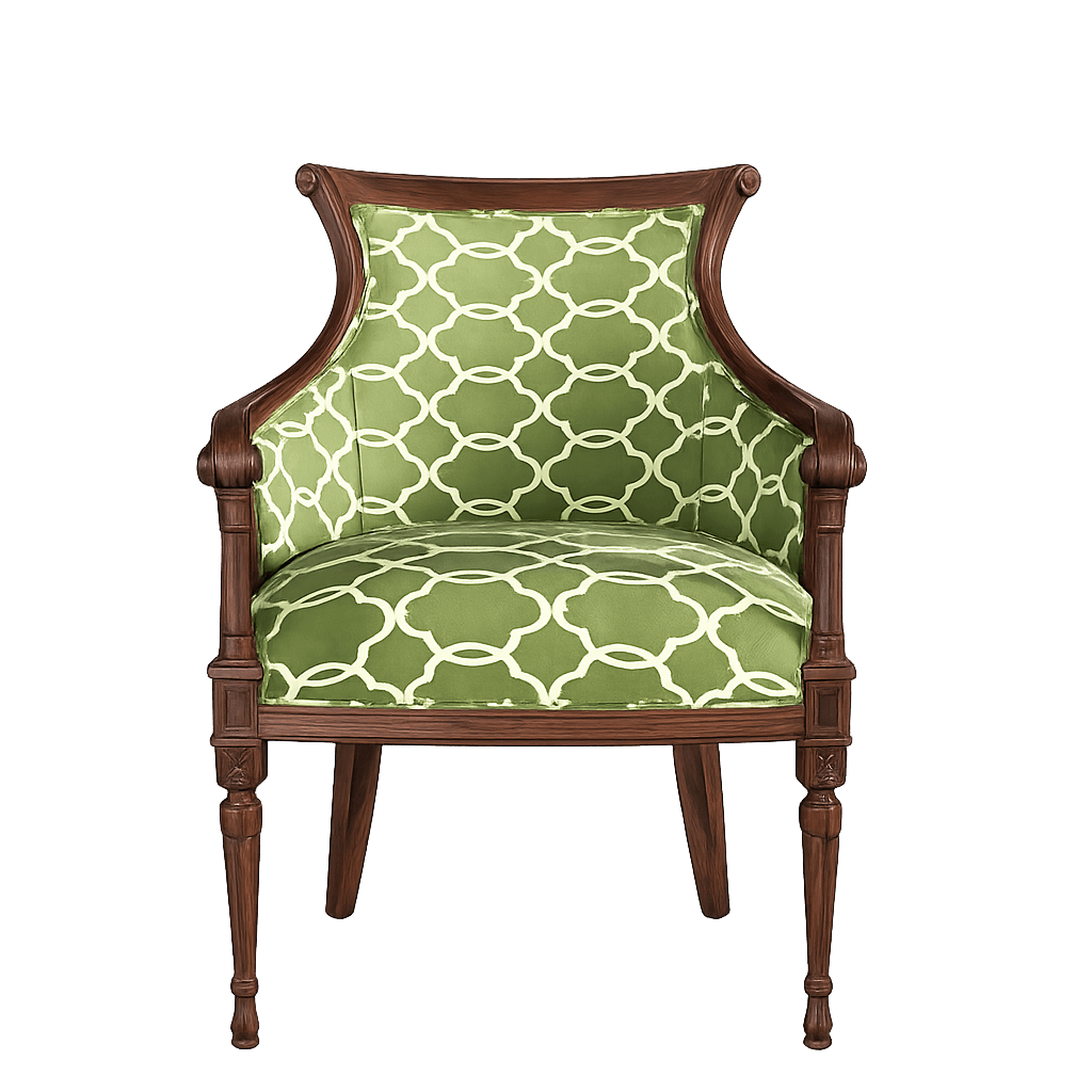 A traditional upholstered armchair with a dark wood frame and green and white quatrefoil pattern fabric. The chair features carved details on the legs and arm supports, and a distinctively shaped backrest. — 3D model