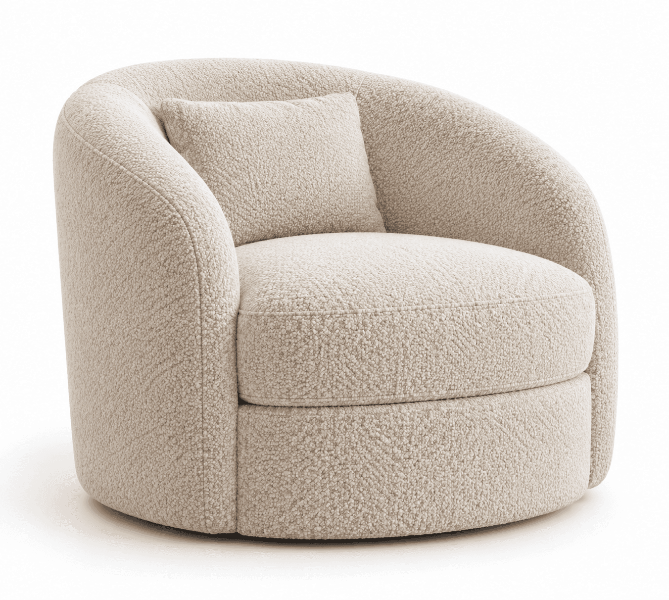 A contemporary, fully upholstered armchair featuring a rounded barrel silhouette, covered in a textured light cream boucle fabric. It includes a matching lumbar cushion and sits on an integrated circular base, suggesting a swivel function. — 3D model