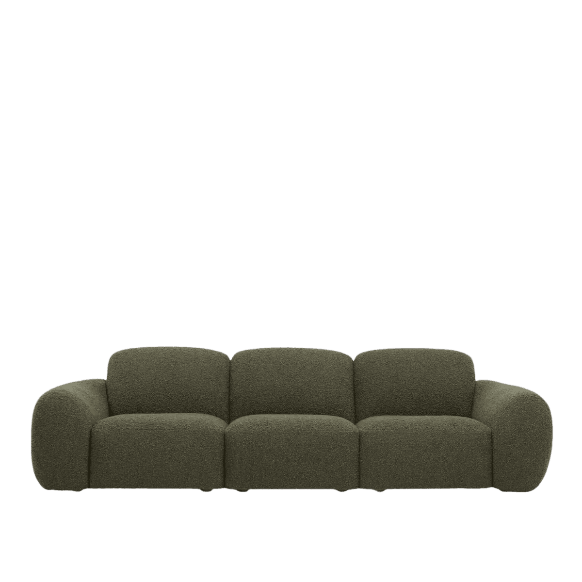 A three-seater sofa with a rounded, modular design. The upholstery has a textured, boucle-like appearance. The sofa features a low profile and deep seating. Each seat cushion is distinctly defined, and the back cushions are also segmented. The armrests are integrated and curved into the overall rounded form. — 3D model