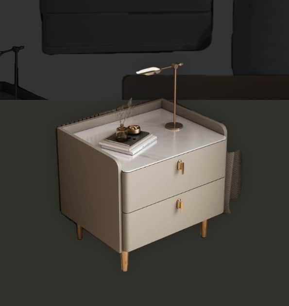 A modern nightstand featuring two drawers, a white marble top, rounded edges, and tapered wooden leg… — 3D model