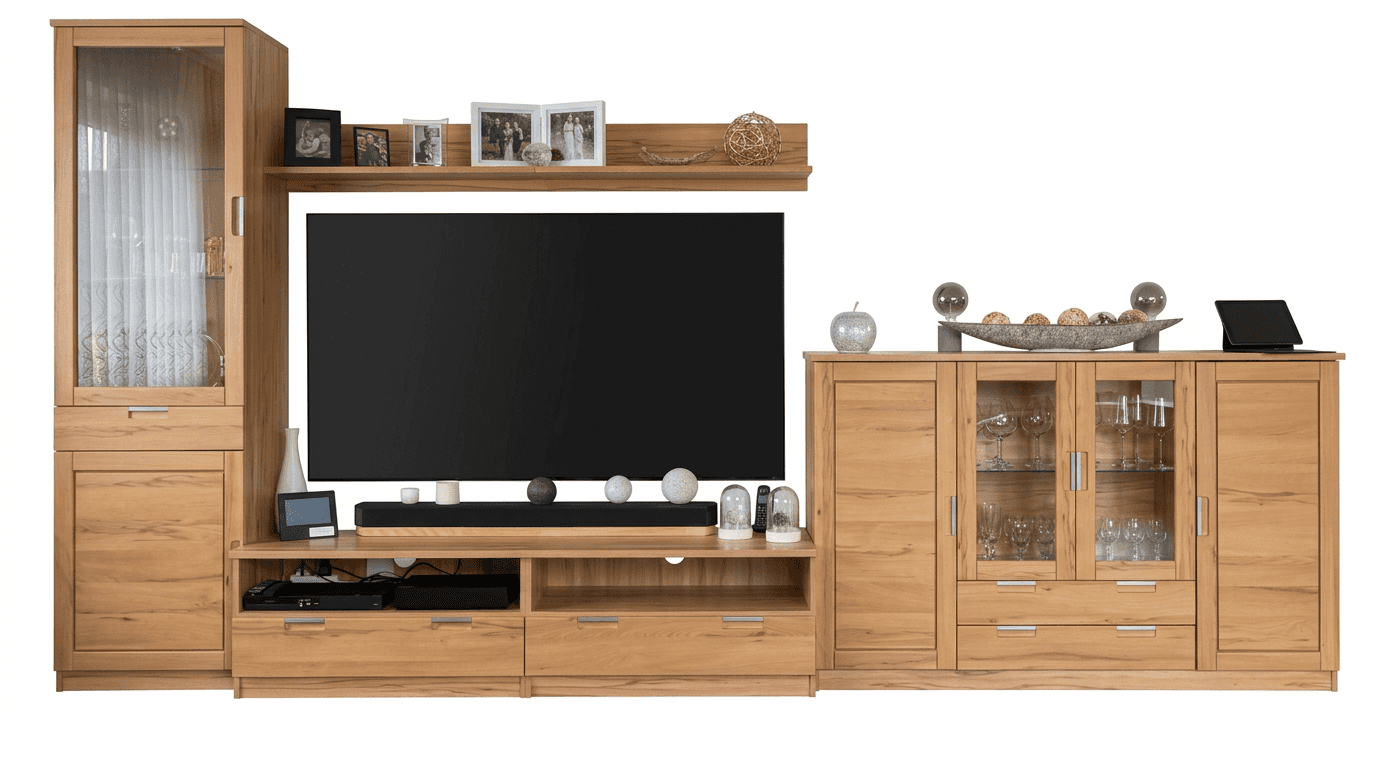 A comprehensive, modular living room wall unit and entertainment system, featuring a central TV cons… — 3D model