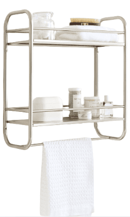 A two-tiered wall shelf with a towel bar, constructed from metal with a brushed finish. The top shel… — 3D model