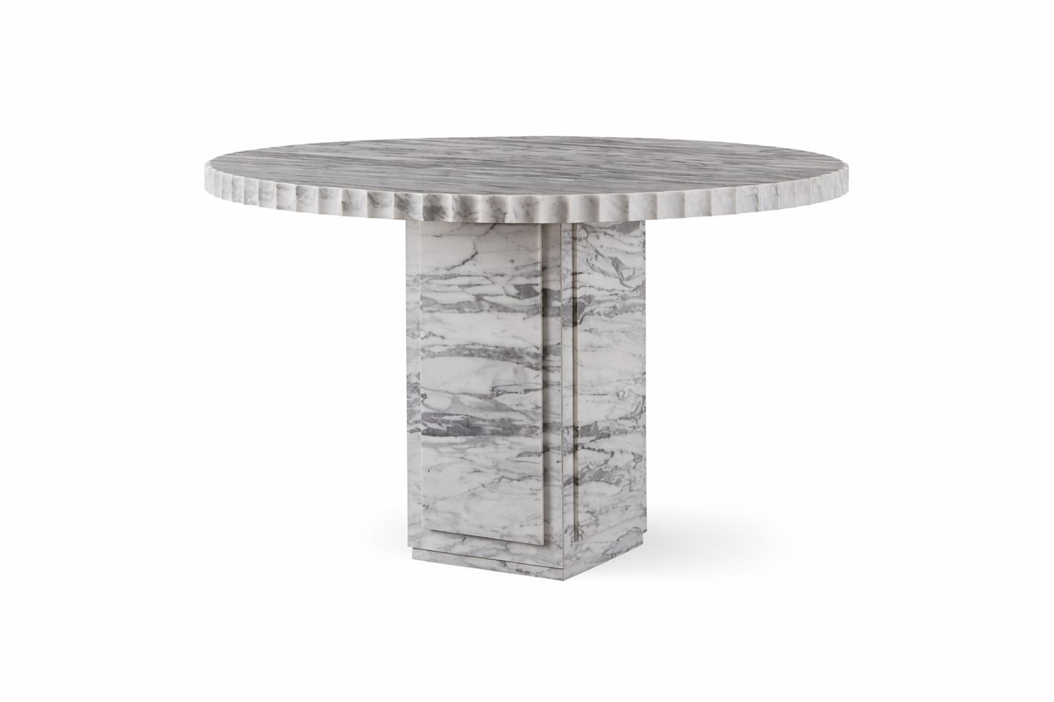 A round-topped side table with a fluted edge, supported by a single, rectangular pedestal base. The table is constructed entirely from marble, exhibiting a distinctive white and grey veining pattern. The pedestal has a layered, stepped appearance at its base. — 3D model