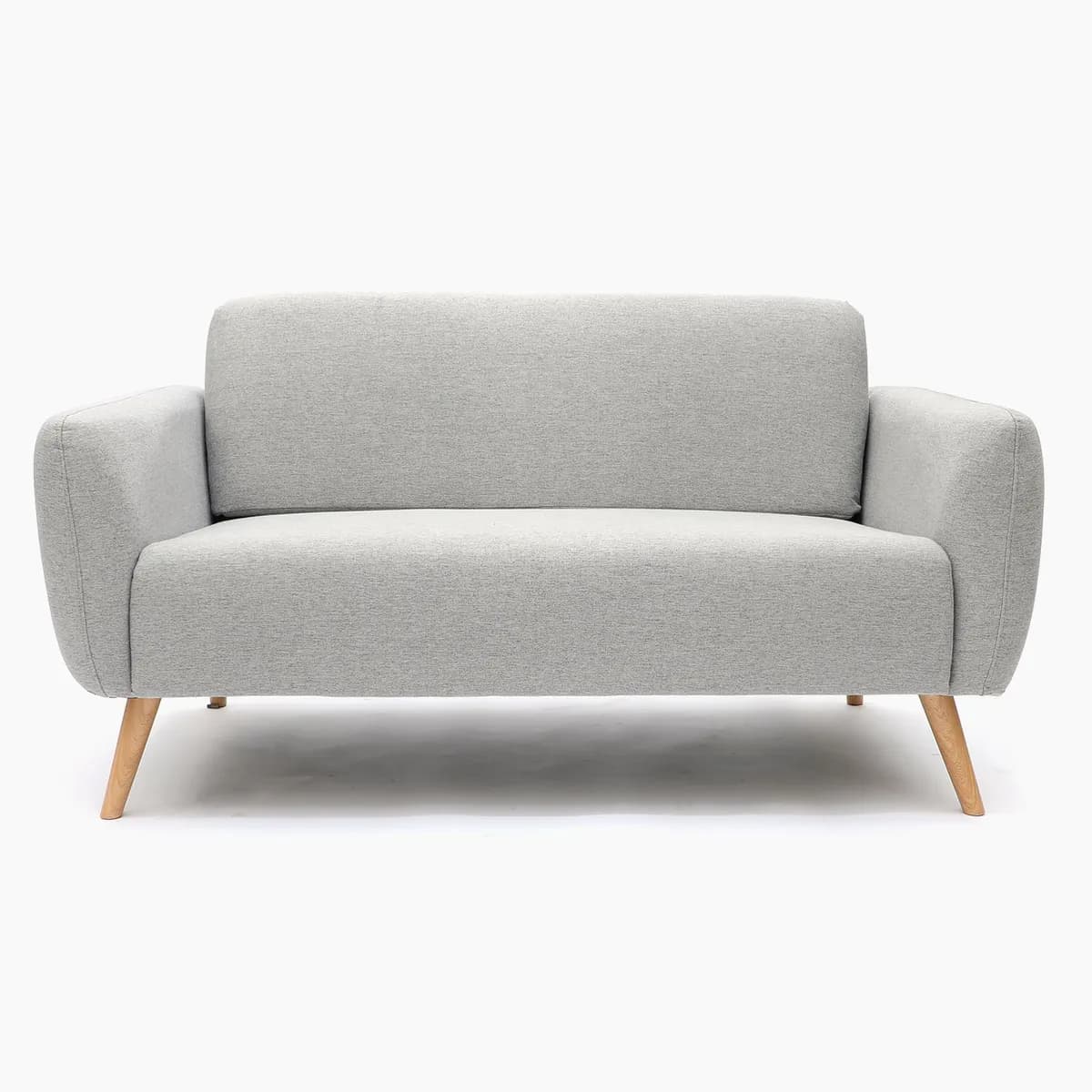 A compact modern two-seater loveseat upholstered in a light grey woven fabric, featuring gently rounded armrests and four splayed, tapered wooden legs. The design is minimalist and contemporary. — 3D model