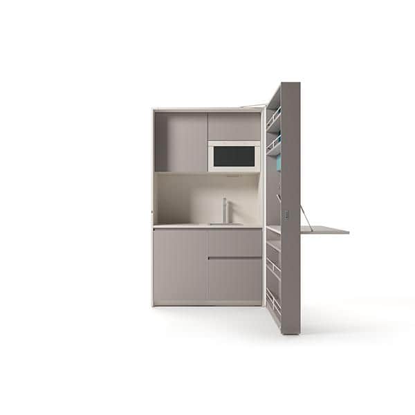 A compact, self-contained kitchen unit with a microwave, sink, faucet, and various storage compartme… — 3D model