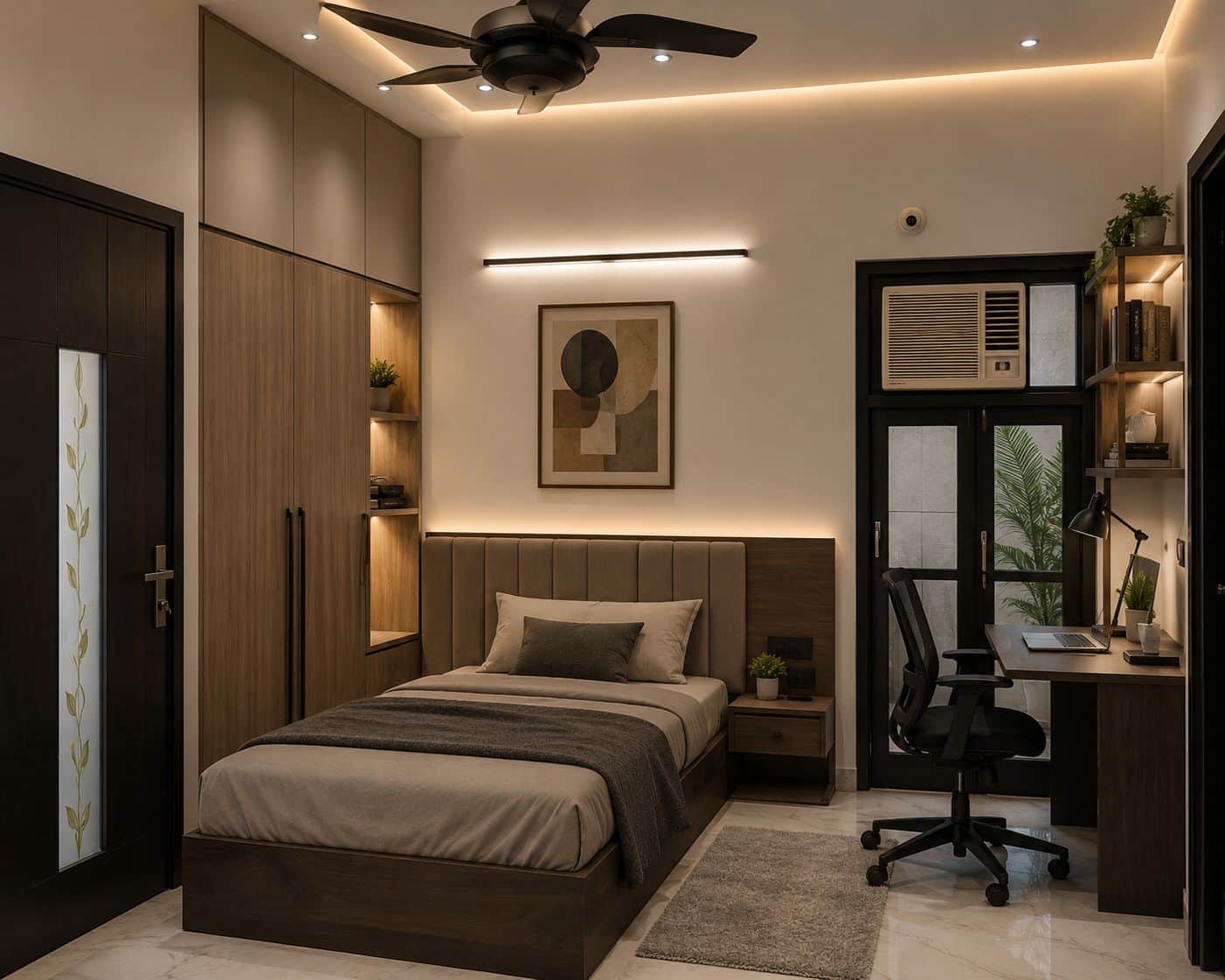 A modern platform bed with a dark wood frame, featuring an extended headboard panel upholstered with… — 3D model