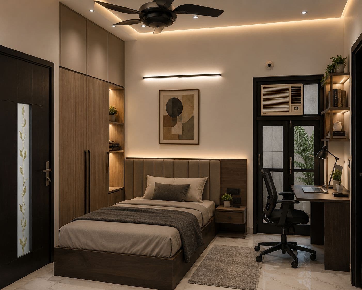A modern platform bed with a dark wood frame, featuring an extended headboard panel upholstered with vertical channel tufting in a light beige fabric. A floating nightstand with a single drawer is integrated into the headboard. — 3D model