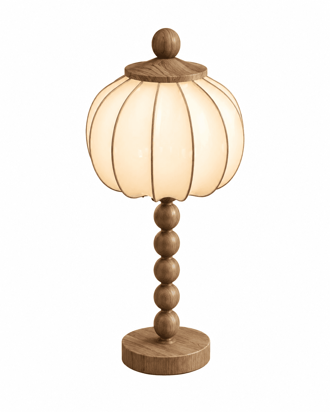 A contemporary table lamp featuring a light wood construction with an organic, sculptural design. The lamp consists of a circular wooden base, a column-like stem made from five stacked, graduated wooden spheres, and a distinctive fluted, gourd-shaped shade. The shade appears to be made of frosted glass or a translucent fabric, emitting a soft, diffused light, and is topped with a round wooden cap and a small spherical finial. The wood grain is visible throughout the lamp's structure, enhancing its natural aesthetic. — 3D model