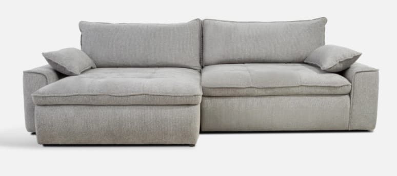 A sectional sofa featuring a chaise lounge. The sofa has a low profile with deep seating. It includes multiple throw pillows and is upholstered in a textured gray fabric. The construction appears modern and modular. — 3D model