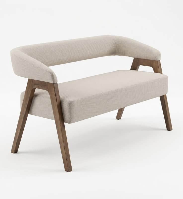 A modern upholstered loveseat or settee with a light beige fabric finish and a visible wooden frame.… — 3D model