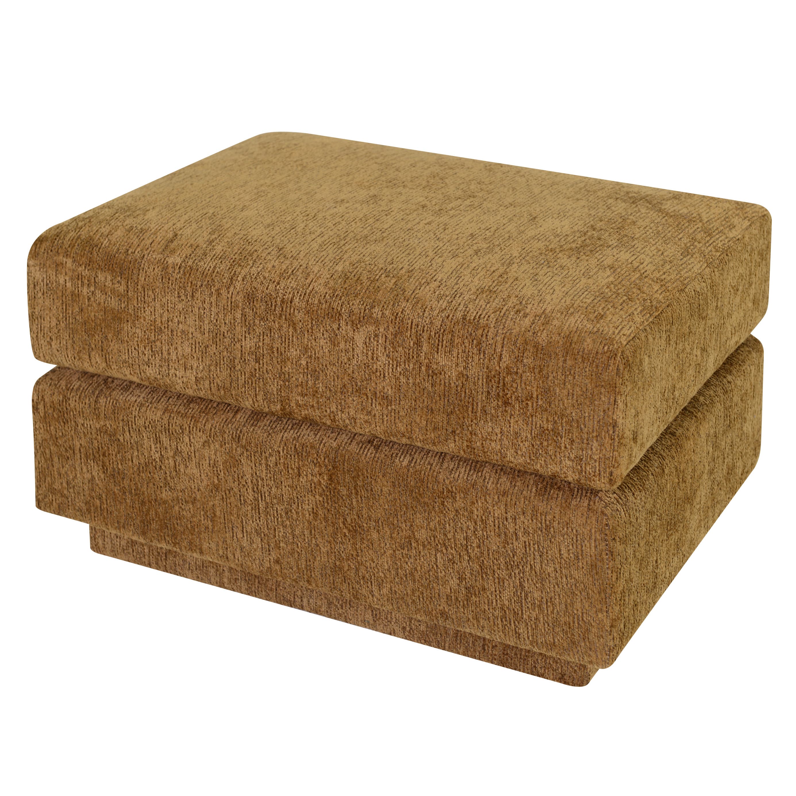 A rectangular upholstered ottoman featuring a textured golden-tan fabric. The design is a solid, block-like form with a slightly recessed base, giving it a sturdy, legless appearance. The upholstery has a subtle vertical pile texture across all visible surfaces. — 3D model