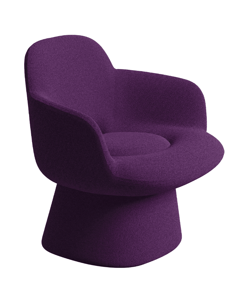 A contemporary lounge chair featuring a deep purple fabric upholstery. The chair has a distinctive sculptural form with an enveloping backrest and integrated armrests, providing a comfortable, cocoon-like seating experience. It sits on a sturdy, conical pedestal base, fully upholstered to match the rest of the chair. The design emphasizes organic curves and a sleek, modern aesthetic. — 3D model