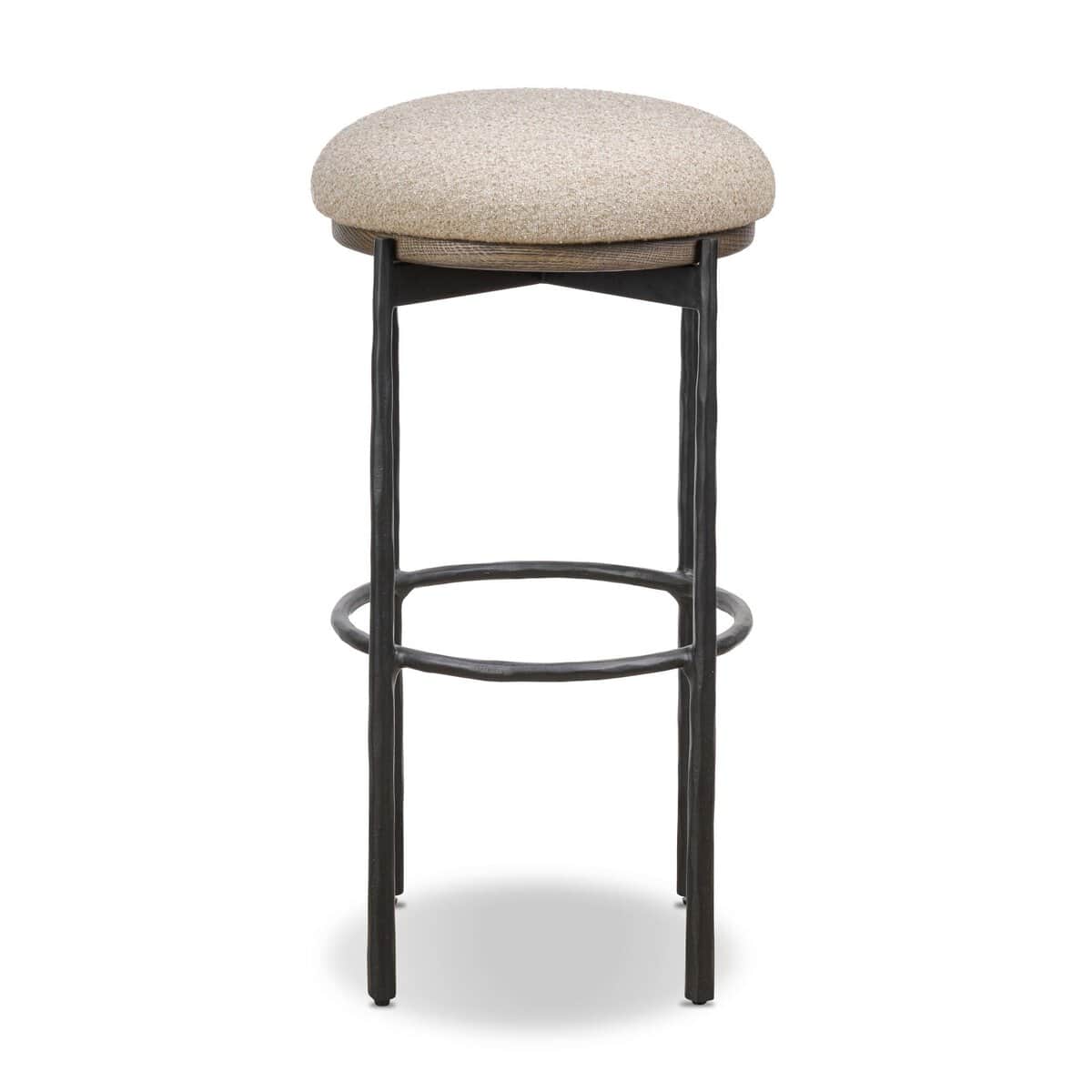 A bar stool with a round, upholstered seat and a dark, textured metal base. The base features four l… — free SKP 3D model
