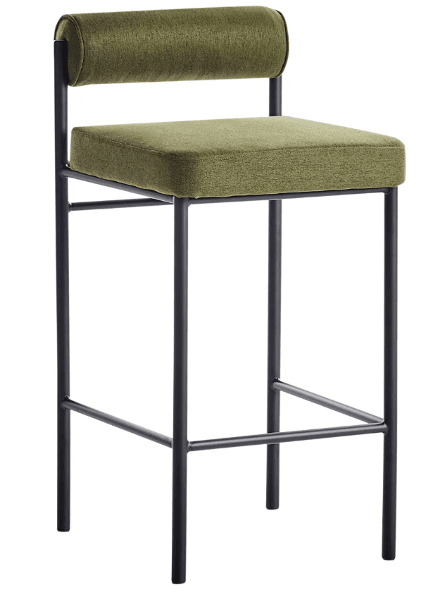 A contemporary bar stool featuring a metal frame and upholstered seat and backrest. The frame consists of four slender legs connected by crossbars for stability. The seat is a padded rectangular cushion, and the backrest is a curved, padded element supported by the frame. The upholstery has a textured finish. — 3D model