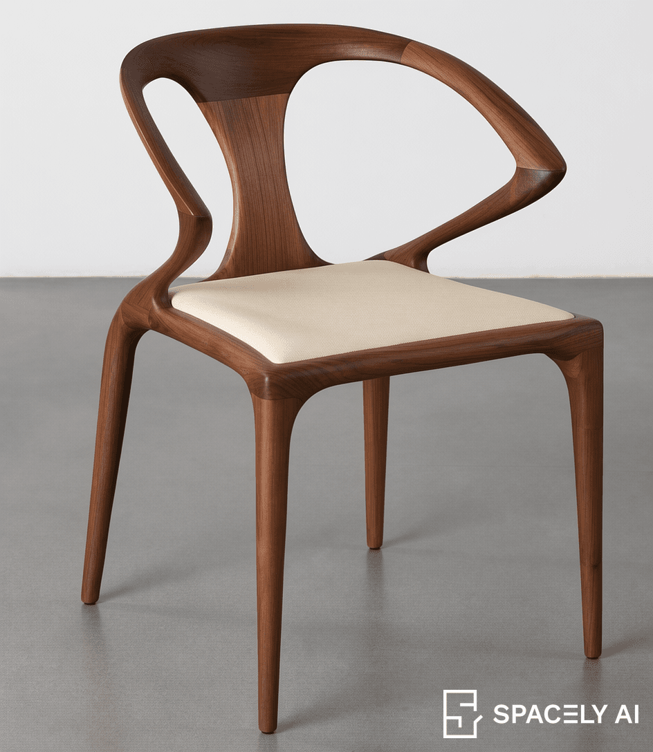 A modern armchair featuring a sculptural wooden frame with integrated armrests and a light upholstered seat. The wood has a dark, rich tone, and the design emphasizes smooth, continuous curves. — 3D model