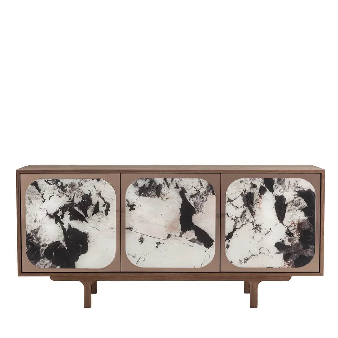 A contemporary three-door sideboard crafted from dark-stained wood, featuring distinctive door panel… — free BLEND 3D model