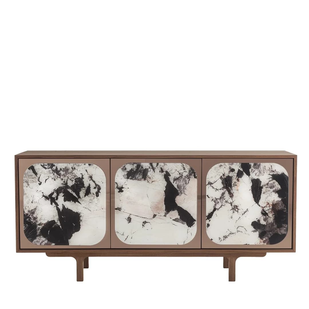 A contemporary three-door sideboard crafted from dark-stained wood, featuring distinctive door panels with a mottled, abstract black, white, and grey pattern. Each door panel is set within a framed, rounded rectangular recess, providing a unique visual element. The cabinet stands on four splayed, short wooden legs, giving it a slightly elevated stance. The overall design suggests a modern aesthetic with a touch of artistic flair. — 3D model