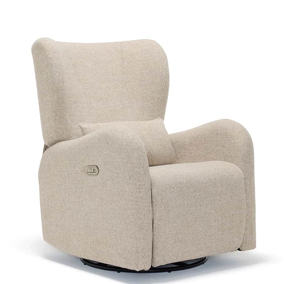 A contemporary upholstered recliner armchair in a light beige, textured fabric. It features a high b… — 3D model
