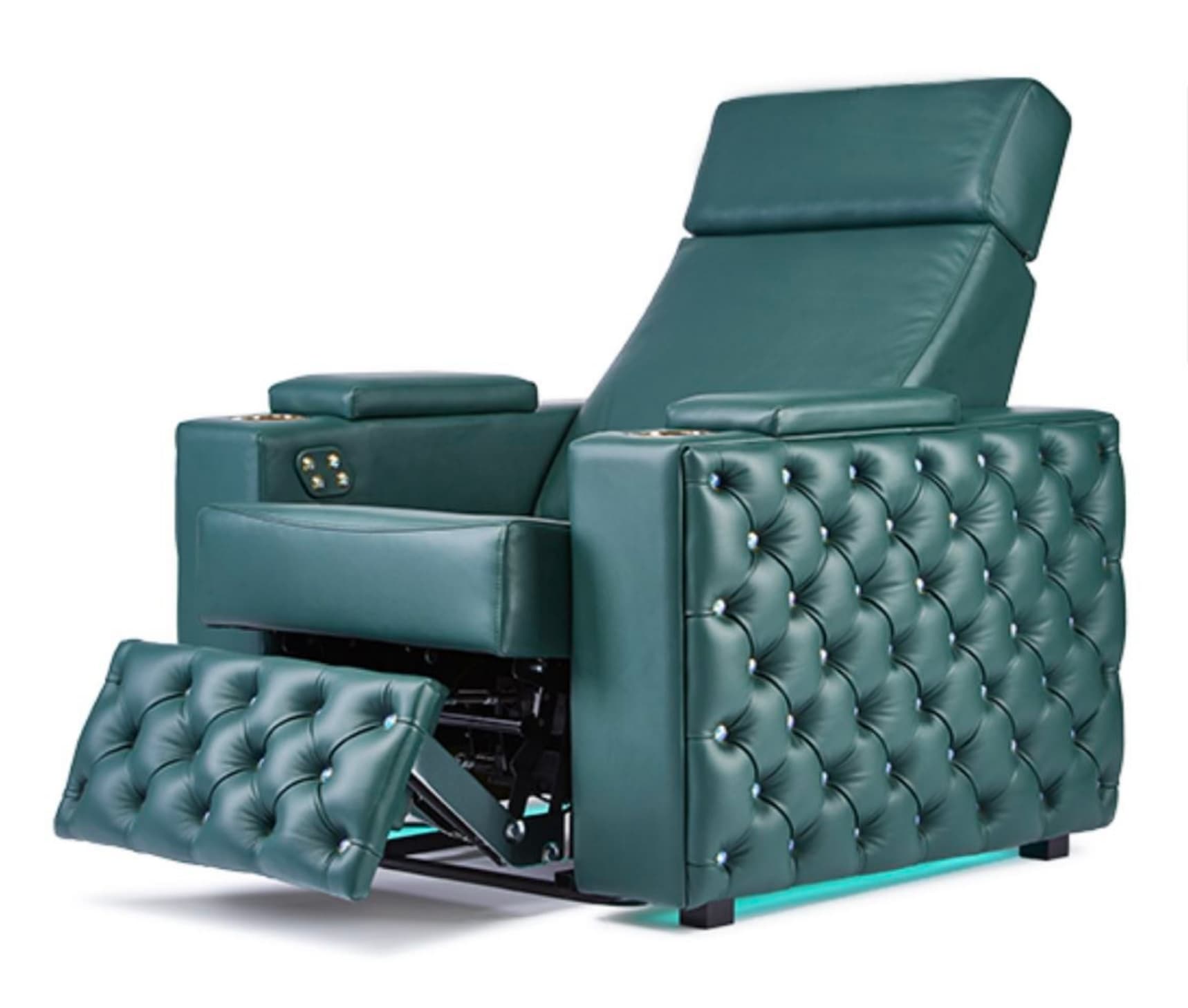 An emerald green power recliner upholstered in faux leather, featuring deep diamond tufting with crystal-like buttons on its side panels and extendable footrest. It includes integrated cup holders in the armrests and under-chair blue LED lighting, indicating a contemporary luxury design with advanced functionality. The headrest is adjustable, and the chair is shown in a partially reclined position. — 3D model