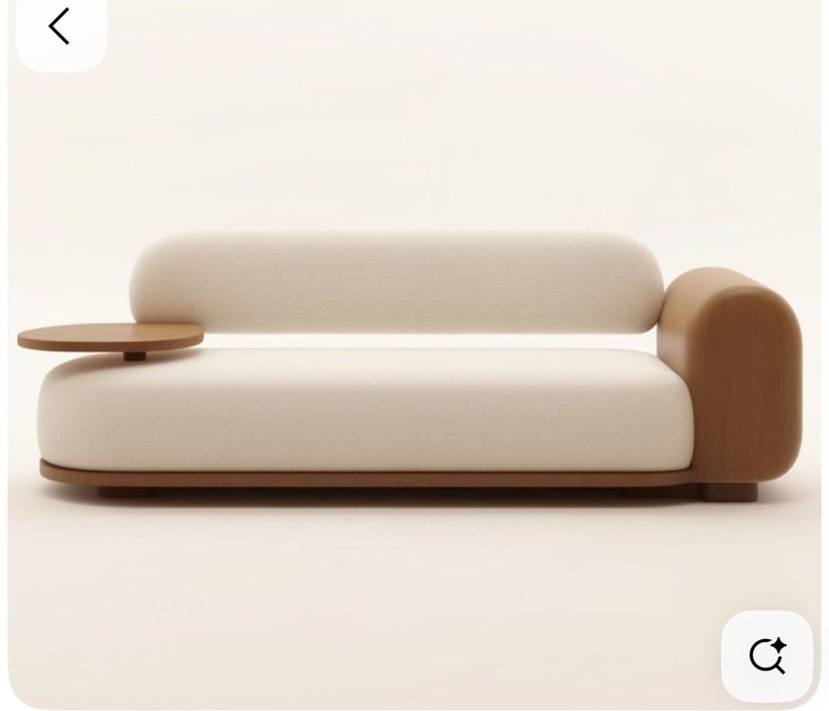 A contemporary low-profile sofa featuring light, textured fabric upholstery for the seat and back cushions. It rests on a solid wooden base, with a rounded wooden armrest on one side and an integrated circular wooden side table on the other. — 3D model