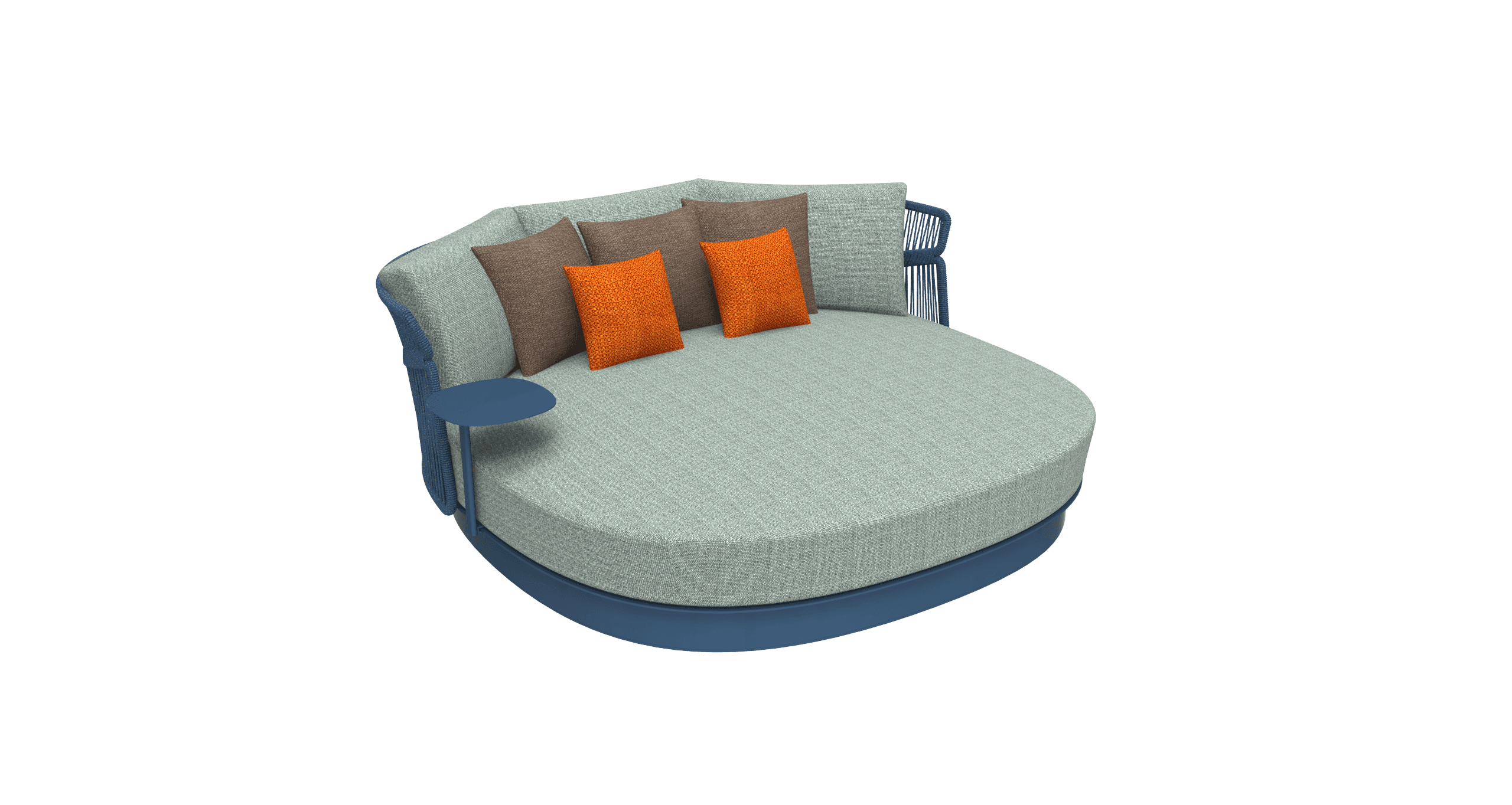 A contemporary outdoor daybed featuring a round form with a low-profile base. It is upholstered in a… — 3D model