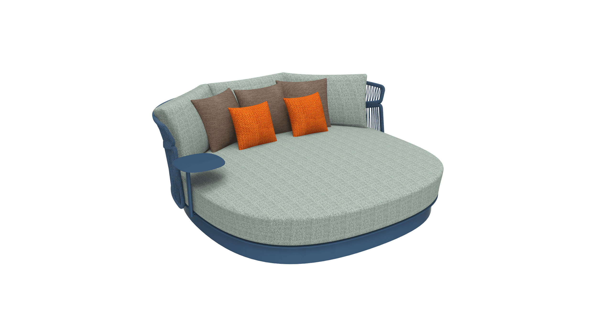 A contemporary outdoor daybed featuring a round form with a low-profile base. It is upholstered in a light blue-green textured fabric, with a high backrest on one side constructed from blue woven synthetic rope. An integrated small, round side table in blue is attached to the frame. The daybed is accessorized with four throw pillows, two in a solid brown fabric and two in a textured orange fabric. — 3D model