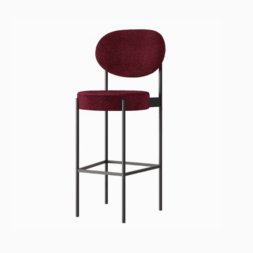 A modern bar stool with a minimalist design. It features a slender metal frame supporting a circular seat and an oval backrest, both upholstered in a textured, deep red fabric. The frame has a dark, matte finish, and the legs are connected by horizontal supports for stability. — 3D model