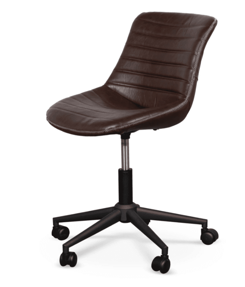 An armless desk chair featuring a brown, horizontally-stitched faux leather seat and backrest, mounted on a black five-star swivel base with casters. The chair's upholstery has visible white contrast stitching along the edges, and the base includes a silver-toned gas lift mechanism for height adjustment. — 3D model