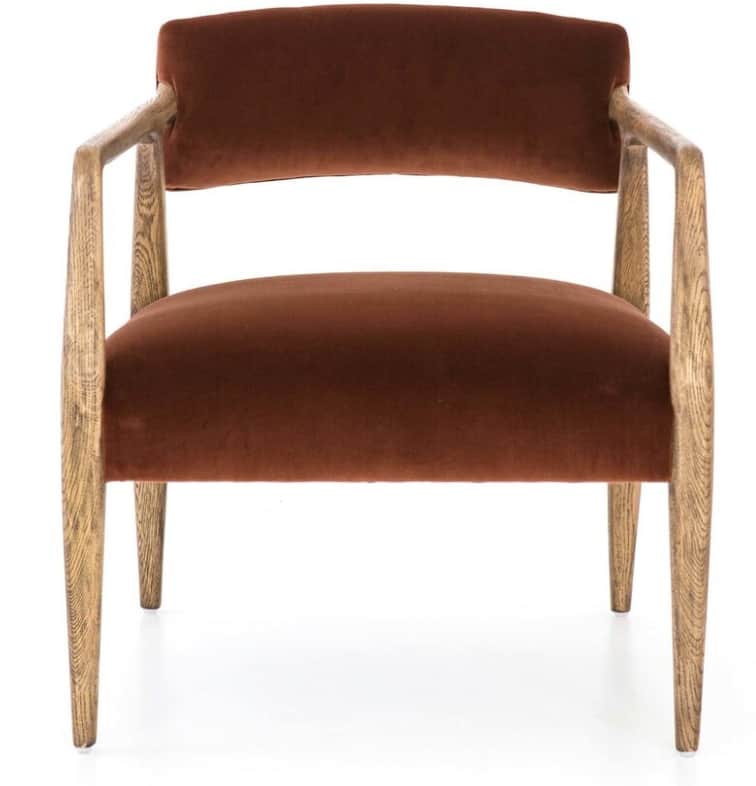 An armchair featuring a solid wood frame with curved armrests and upholstered seat and back in a rus… — 3D model