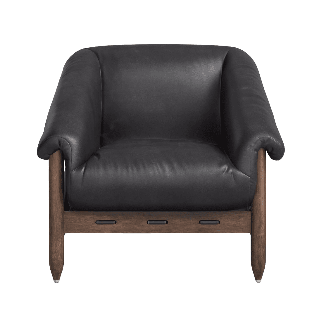 A contemporary lounge chair featuring plush black leather upholstery on its seat, back, and armrests. The chair is supported by a robust, exposed dark wood frame consisting of four tapered legs and horizontal stretchers. The arms are rolled and integrated into the backrest, contributing to a comfortable, enveloping silhouette. The wooden stretchers connecting the front and back legs feature distinct rectangular cutouts, adding a detail to the sturdy construction. — 3D model