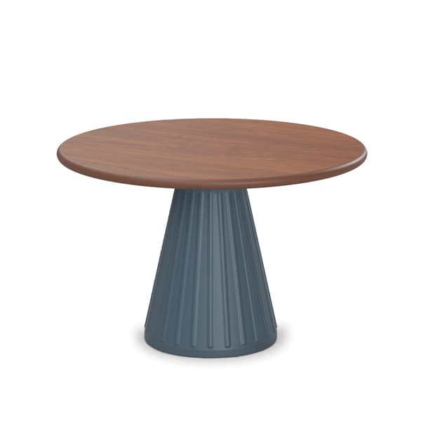 A contemporary round table featuring a warm brown wooden top and a distinctive blue-grey conical pedestal base with vertical fluting. — 3D model