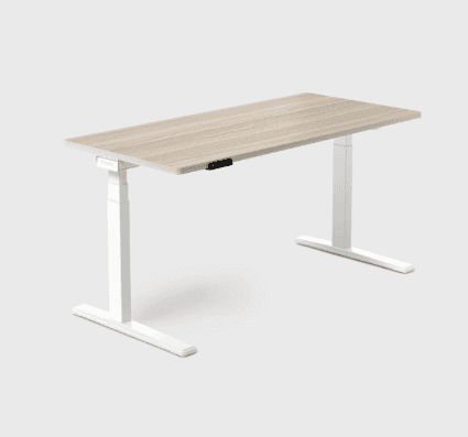 A modern electric height-adjustable standing desk featuring a light wood grain tabletop and a white… — 3D model
