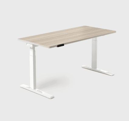 A modern electric height-adjustable standing desk featuring a light wood grain tabletop and a white powder-coated steel frame. — 3D model