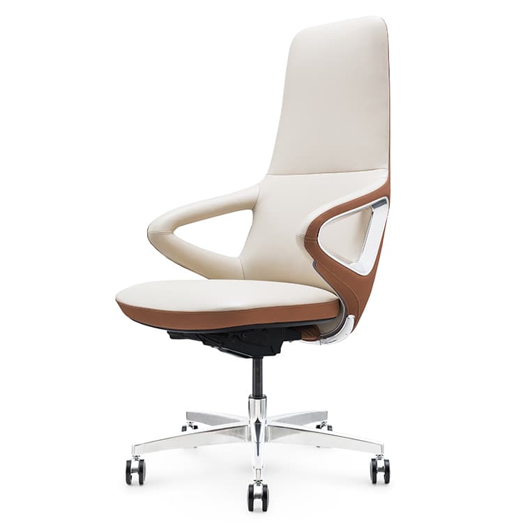 A modern executive office chair with a high back, featuring a contoured design upholstered in a combination of cream and brown materials. The chair has integrated armrests and a polished metal base with five casters for mobility. Decorative chrome accents are present on the side of the backrest. — 3D model