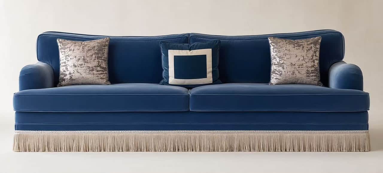 A luxurious three-seater sofa upholstered in deep blue velvet, featuring a distinctive gently curved… — 3D model