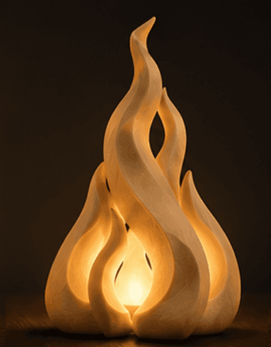 A sculptural table lamp crafted from light-toned natural wood, featuring an organic, flame-like desi… — 3D model