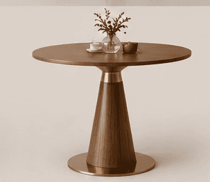 A contemporary round accent table featuring a dark brown wood veneer tabletop and a conical pedestal… — 3D model