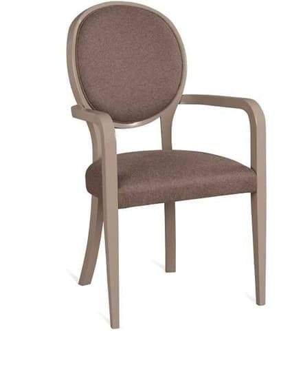 A fully upholstered armchair with a rounded backrest and seat. The frame, including the legs and armrests, appears to be made of wood and is painted in a neutral taupe color. The upholstery is a textured, woven fabric in a similar taupe hue. — 3D model