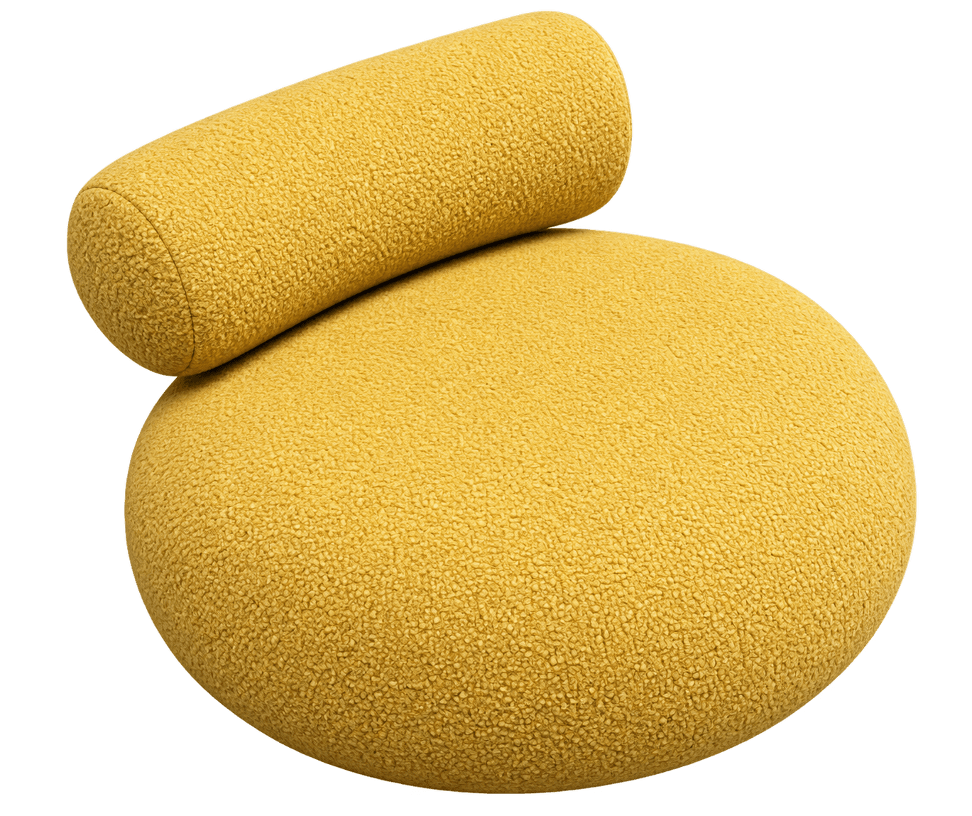 A contemporary lounge chair featuring a distinctive round form, upholstered in a vibrant yellow bouclé fabric, with a separate cylindrical element serving as a backrest or headrest. — 3D model