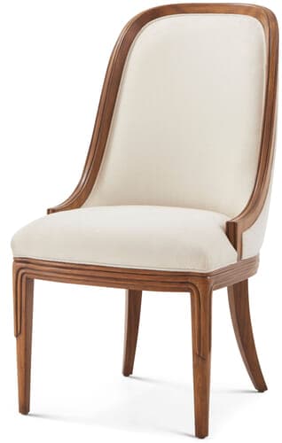 A chair with a high, curved back and upholstered seat and backrest. The chair features a wooden frame with carved details on the legs and along the seat base. The backrest frame is also made of wood and has a curved silhouette. The upholstery is a light, neutral color. — 3D model