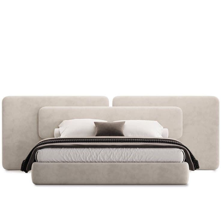 A contemporary upholstered platform bed with a distinctive layered headboard design, featuring multiple softly rounded rectangular panels in a light beige fabric. — 3D model