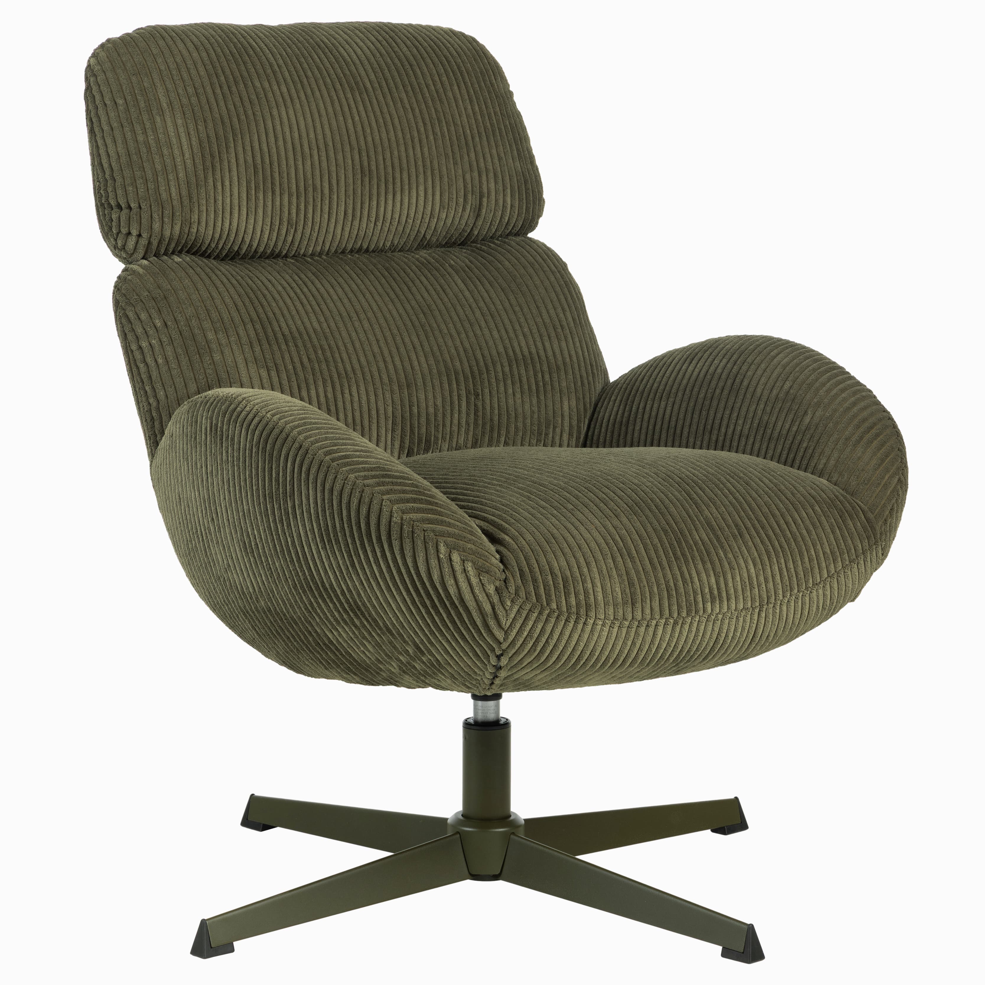 An olive green lounge chair featuring thick corduroy upholstery and a swivel five-star metal base. The chair has a high backrest and integrated armrests, providing a comfortable and modern seating solution. — 3D model