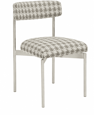 A modern chair with a low back and upholstered seat and backrest. The chair features a hounds-tooth pattern fabric in gray and off-white tones. The frame and legs are constructed from polished metal, giving it a sleek and contemporary appearance. The backrest is rectangular and slightly angled for comfort. — 3D model